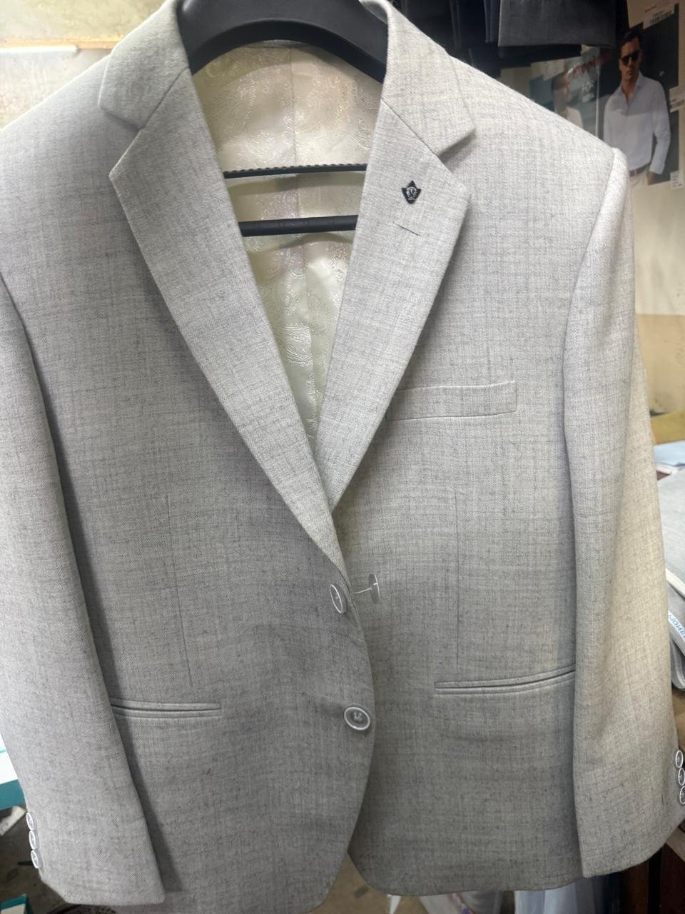 Light Grey Textured Blazer with signature lapel pin
