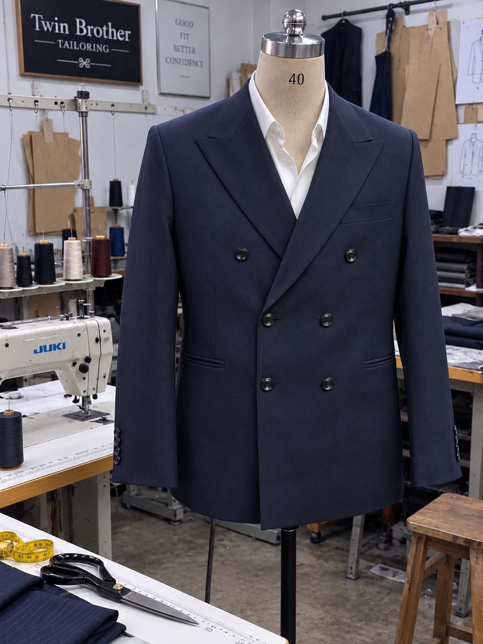 Tailored Dark Navy Double-Breasted Suit in workshop