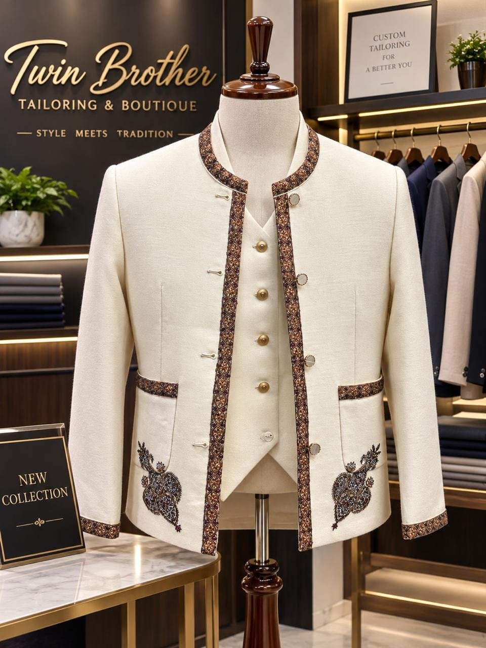 Cream Embroidered Sherwani with matching waistcoat by Twin Brother Tailoring